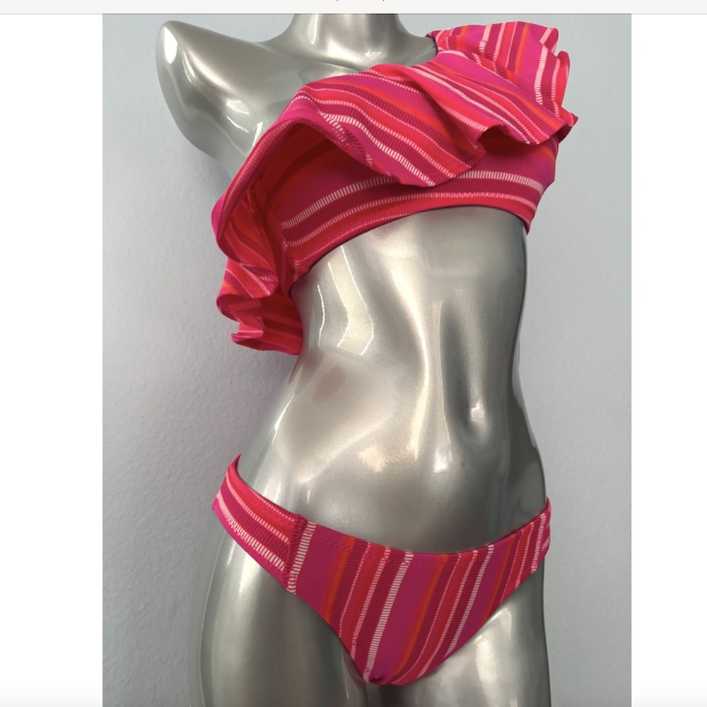Trina Turk Pink & Orange One-Shoulder Ruffle Stripe Bikini - Picture 4 of 9